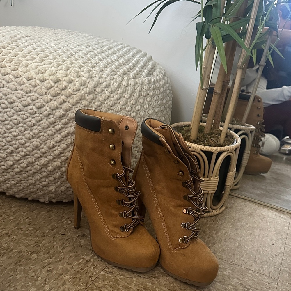 Charlotte Russe Tan Lace-Up Heeled Boots